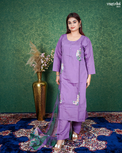Purple Roman Silk Kurti Set with Thread & Handwork