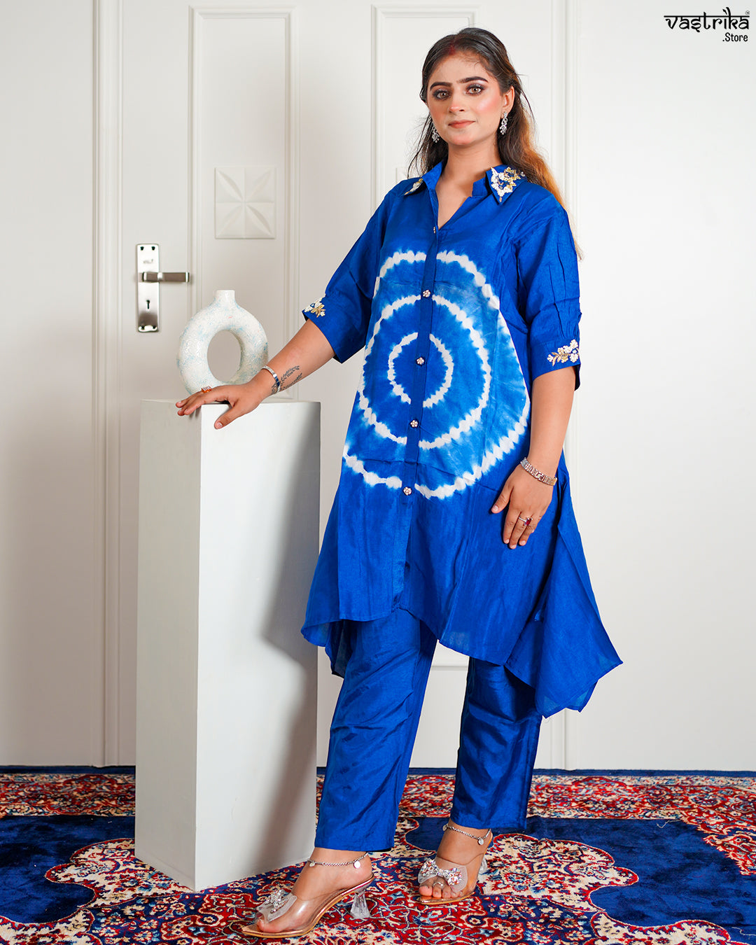 Blue Masleen Coord Set with Handwork