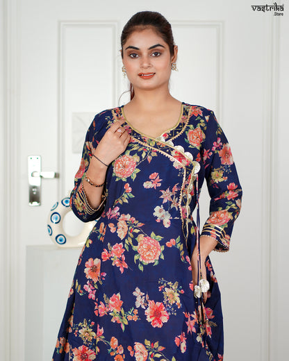 Navy Maslin Angrakha Frock Set with Gotti Pata Work