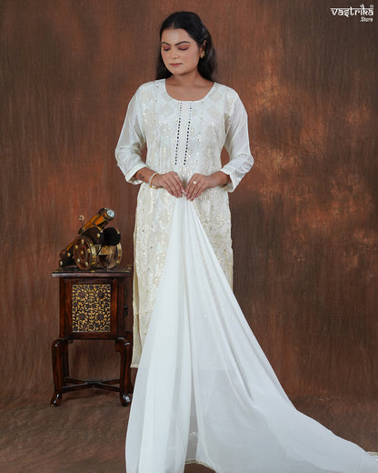 Cotton Kurti Set with Handwork & Sequins with Chiffon Dupatta