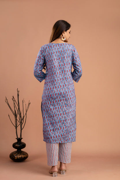 Printed Resham & Sequence Worked V-Neck Kurti with Printed Dupatta & Pants