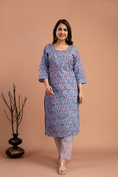 Printed Resham & Sequence Worked V-Neck Kurti with Printed Dupatta & Pants