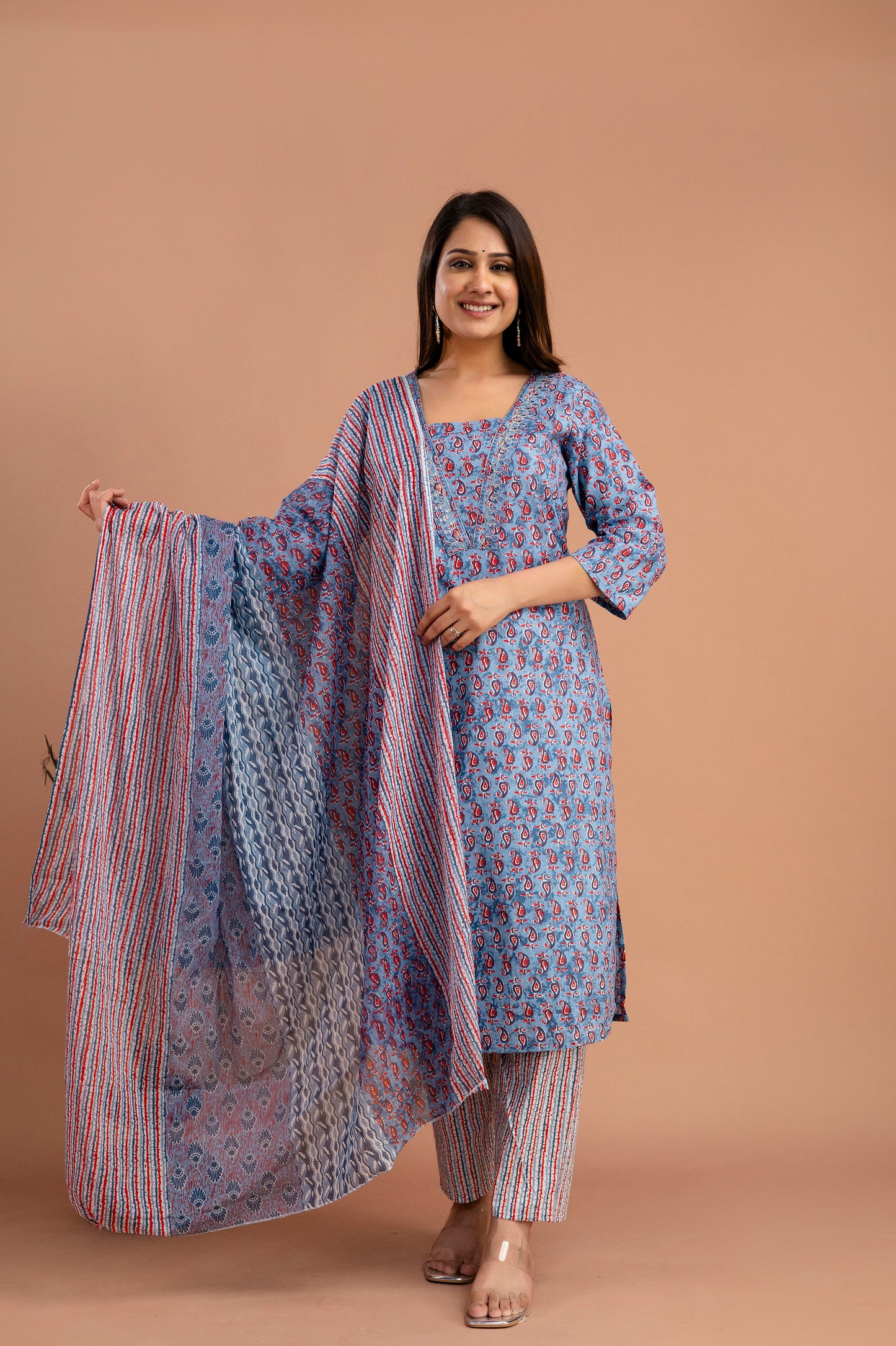 Printed Resham & Sequence Worked V-Neck Kurti with Printed Dupatta & Pants