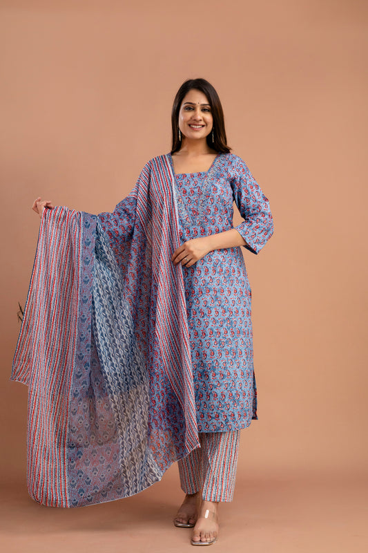 Printed Resham & Sequence Worked V-Neck Kurti with Printed Dupatta & Pants