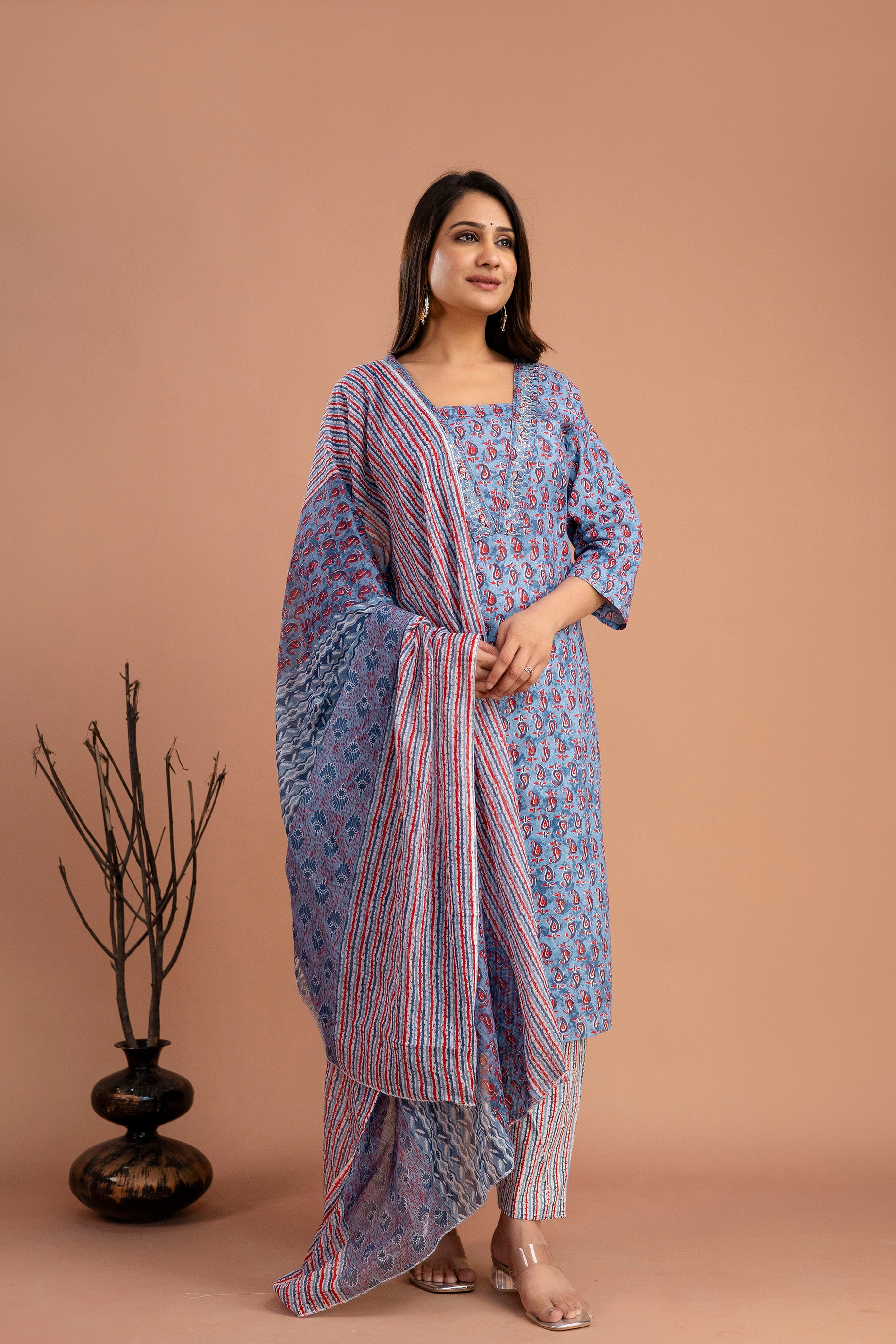 Printed Resham & Sequence Worked V-Neck Kurti with Printed Dupatta & Pants