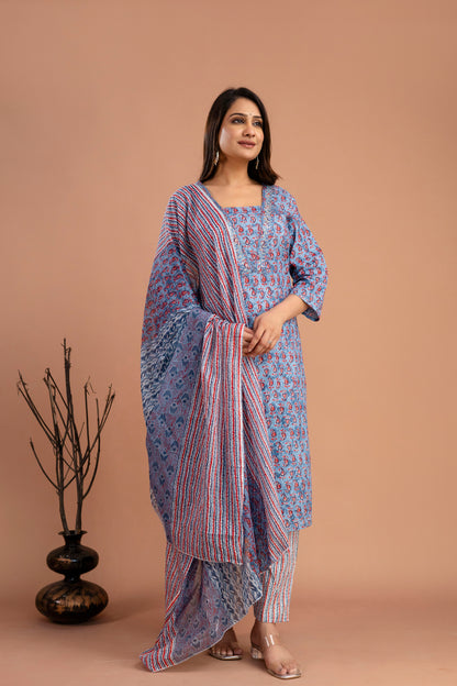 Printed Resham & Sequence Worked V-Neck Kurti with Printed Dupatta & Pants