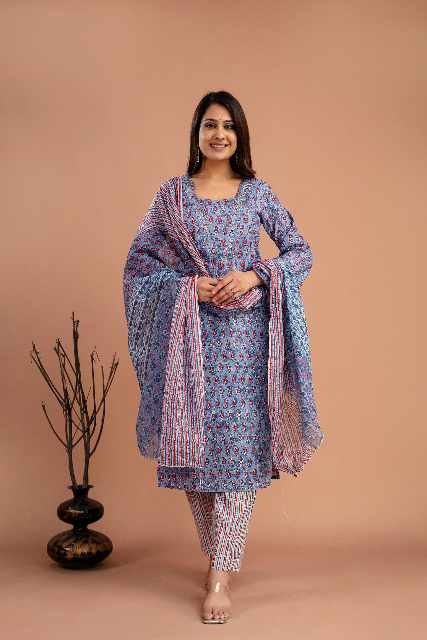 Printed Resham & Sequence Worked V-Neck Kurti with Printed Dupatta & Pants
