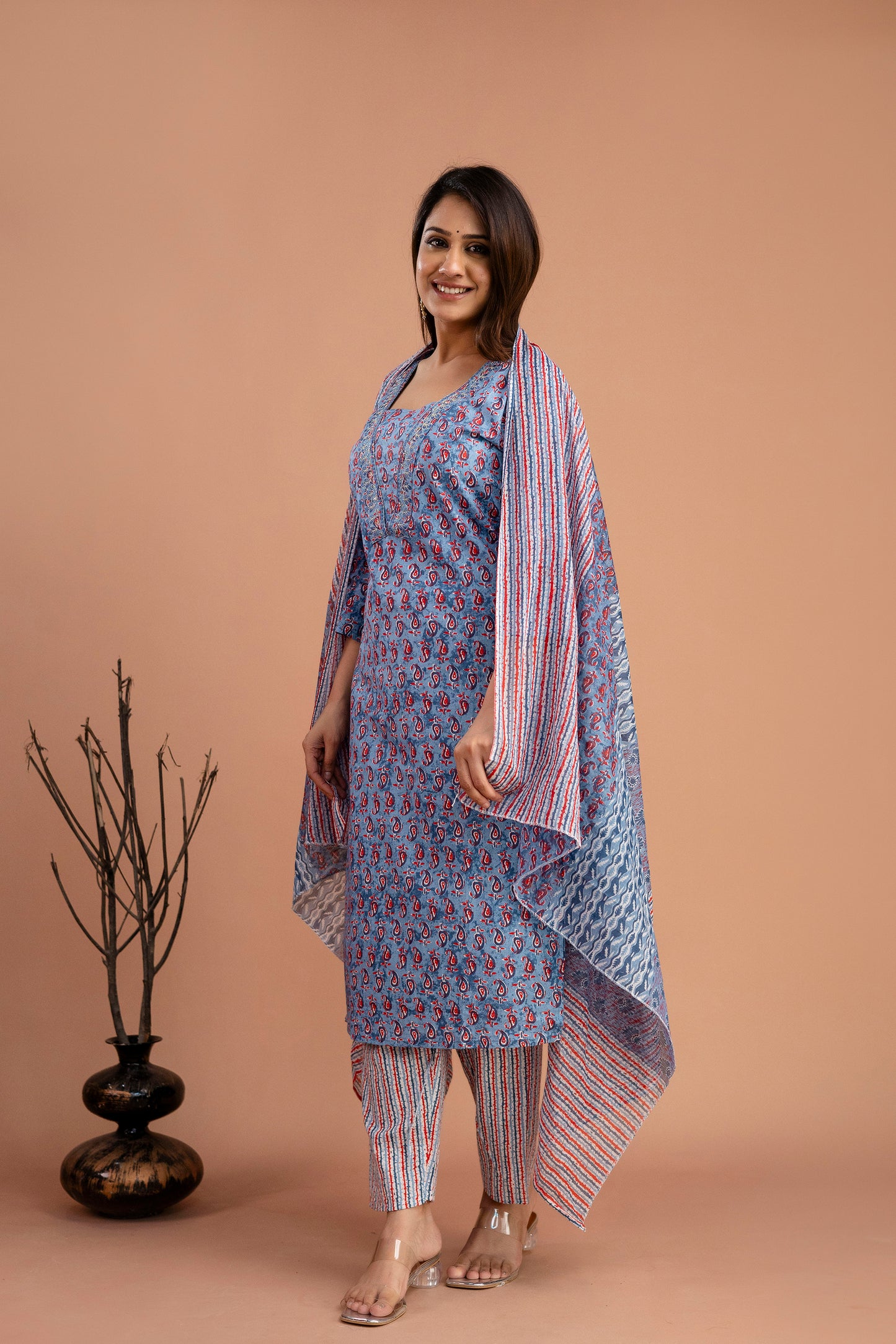 Printed Resham & Sequence Worked V-Neck Kurti with Printed Dupatta & Pants