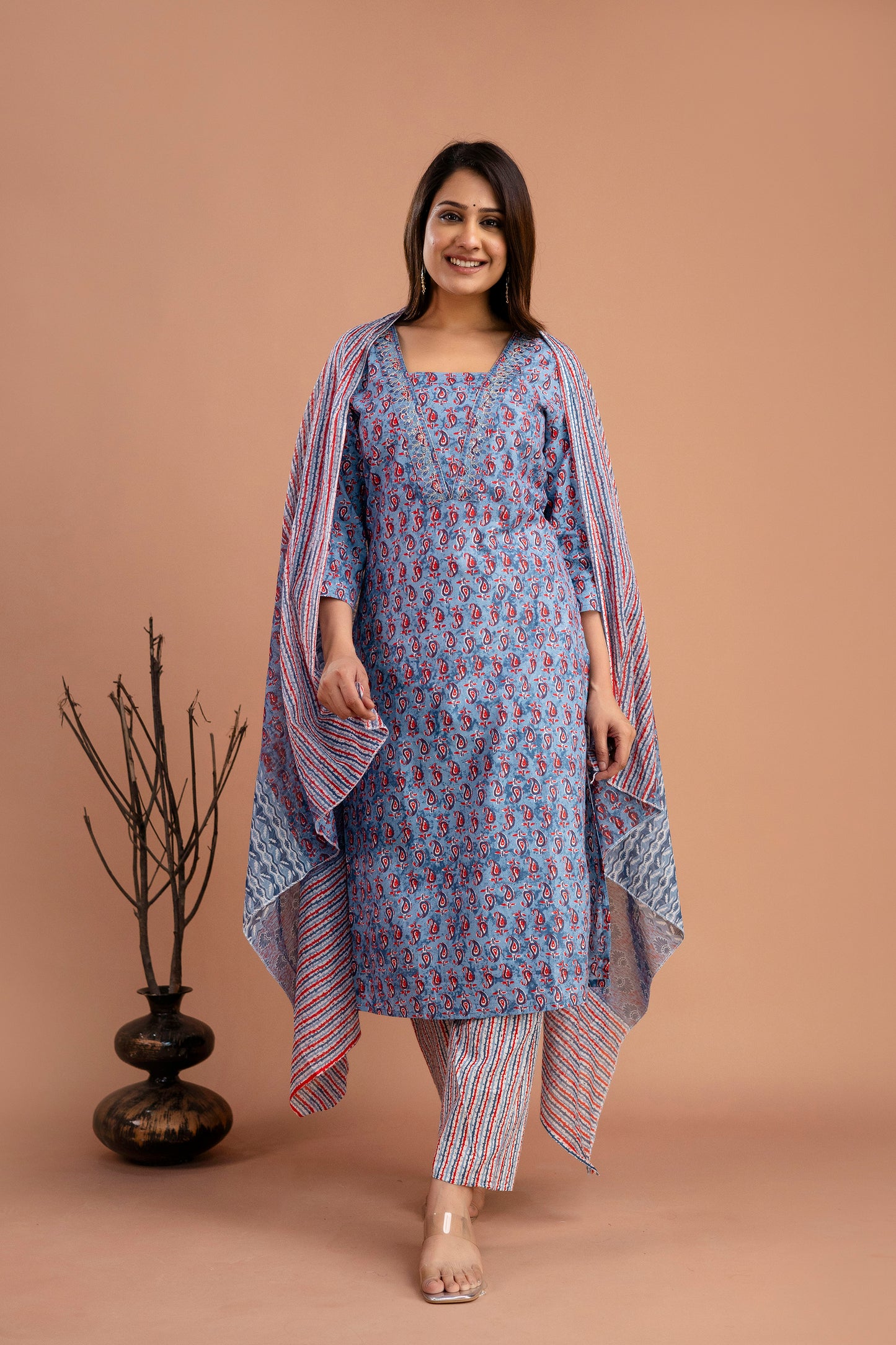 Printed Resham & Sequence Worked V-Neck Kurti with Printed Dupatta & Pants