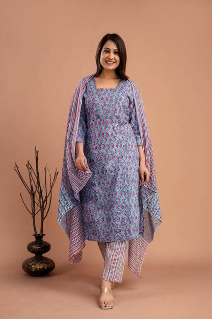 Printed Resham & Sequence Worked V-Neck Kurti with Printed Dupatta & Pants