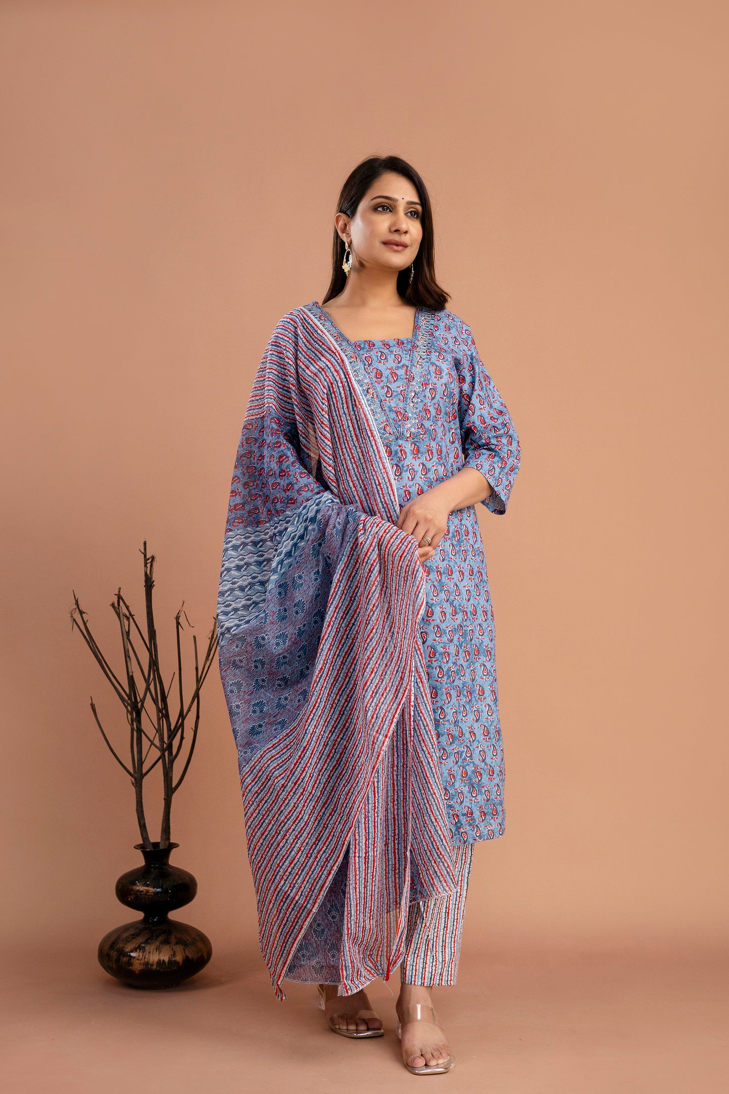 Printed Resham & Sequence Worked V-Neck Kurti with Printed Dupatta & Pants