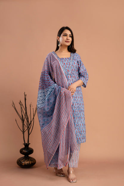 Printed Resham & Sequence Worked V-Neck Kurti with Printed Dupatta & Pants