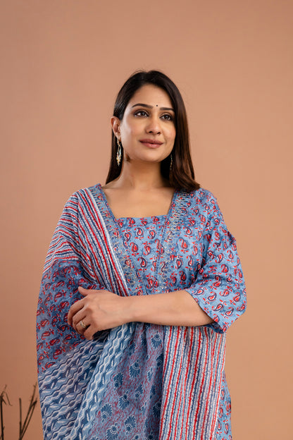 Printed Resham & Sequence Worked V-Neck Kurti with Printed Dupatta & Pants