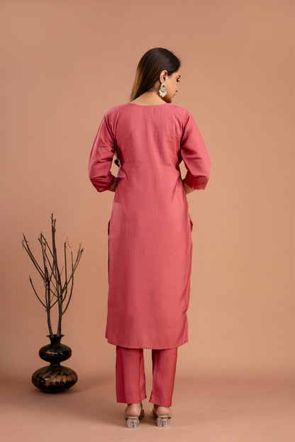 Handworked Round Neck Kurti with Plain Dupatta & Plain Trousers