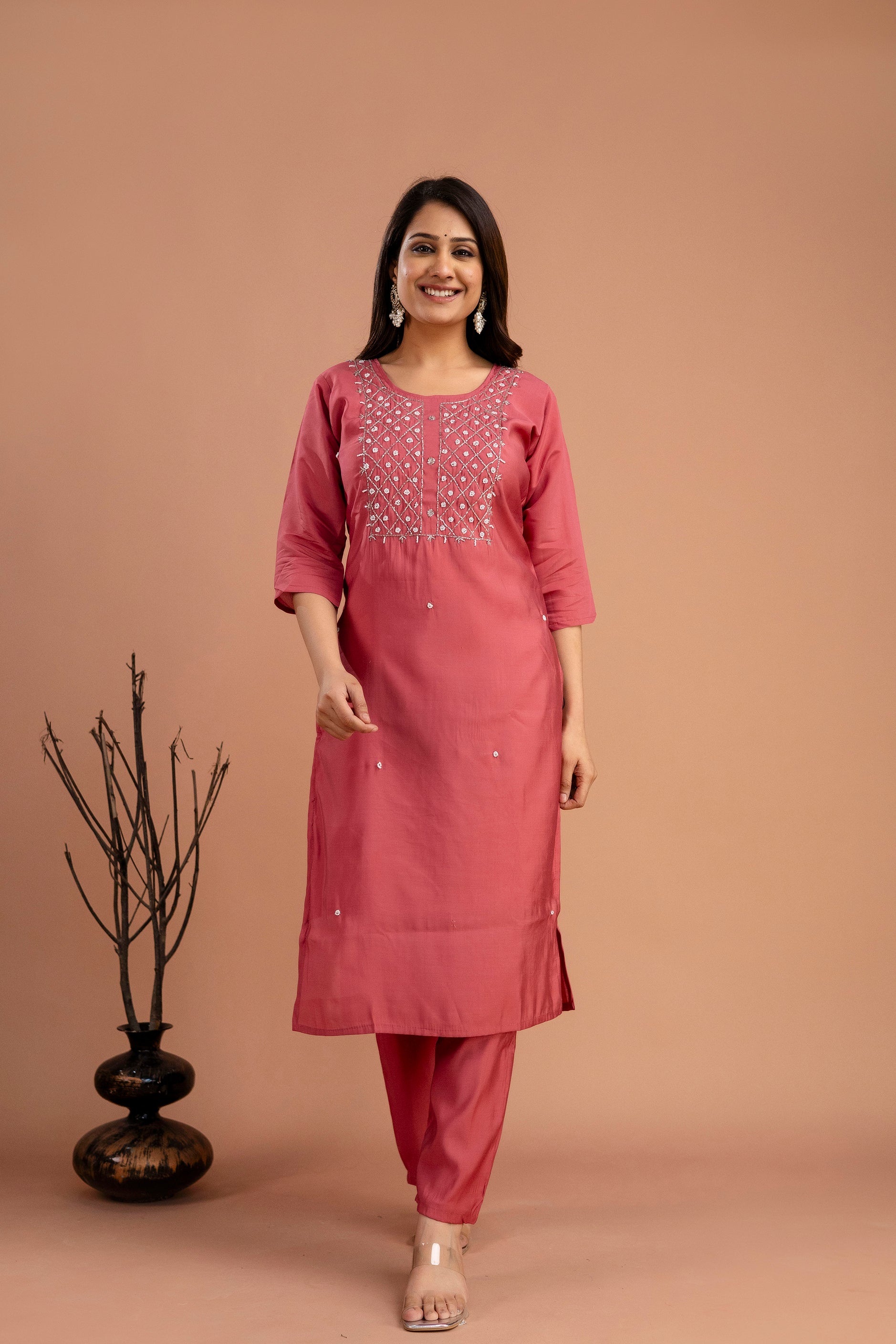 Handworked Round Neck Kurti with Plain Dupatta & Plain Trousers