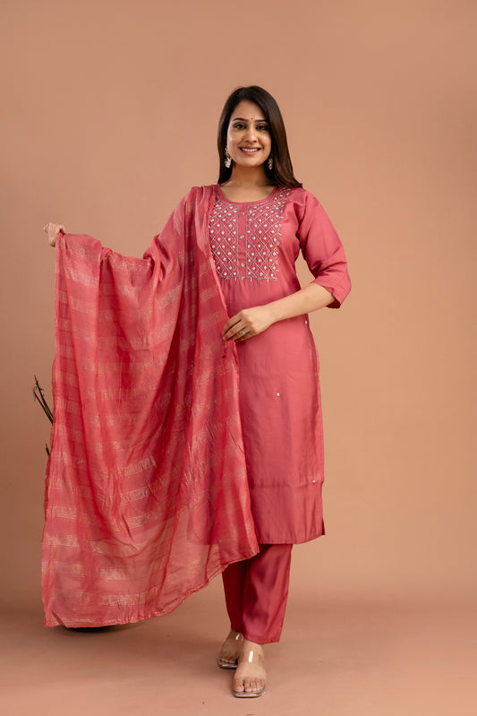 Handworked Round Neck Kurti with Plain Dupatta & Plain Trousers
