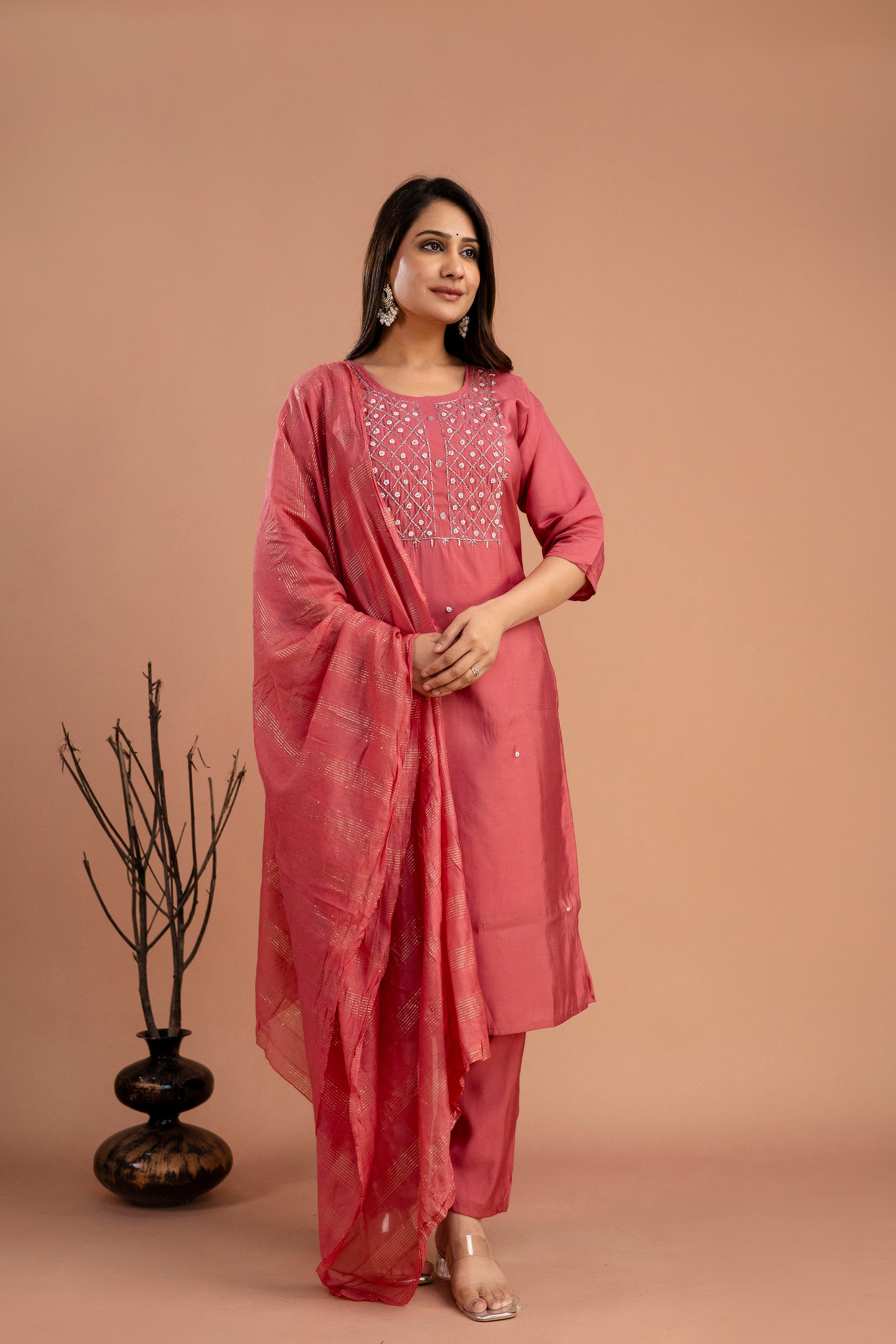 Handworked Round Neck Kurti with Plain Dupatta & Plain Trousers