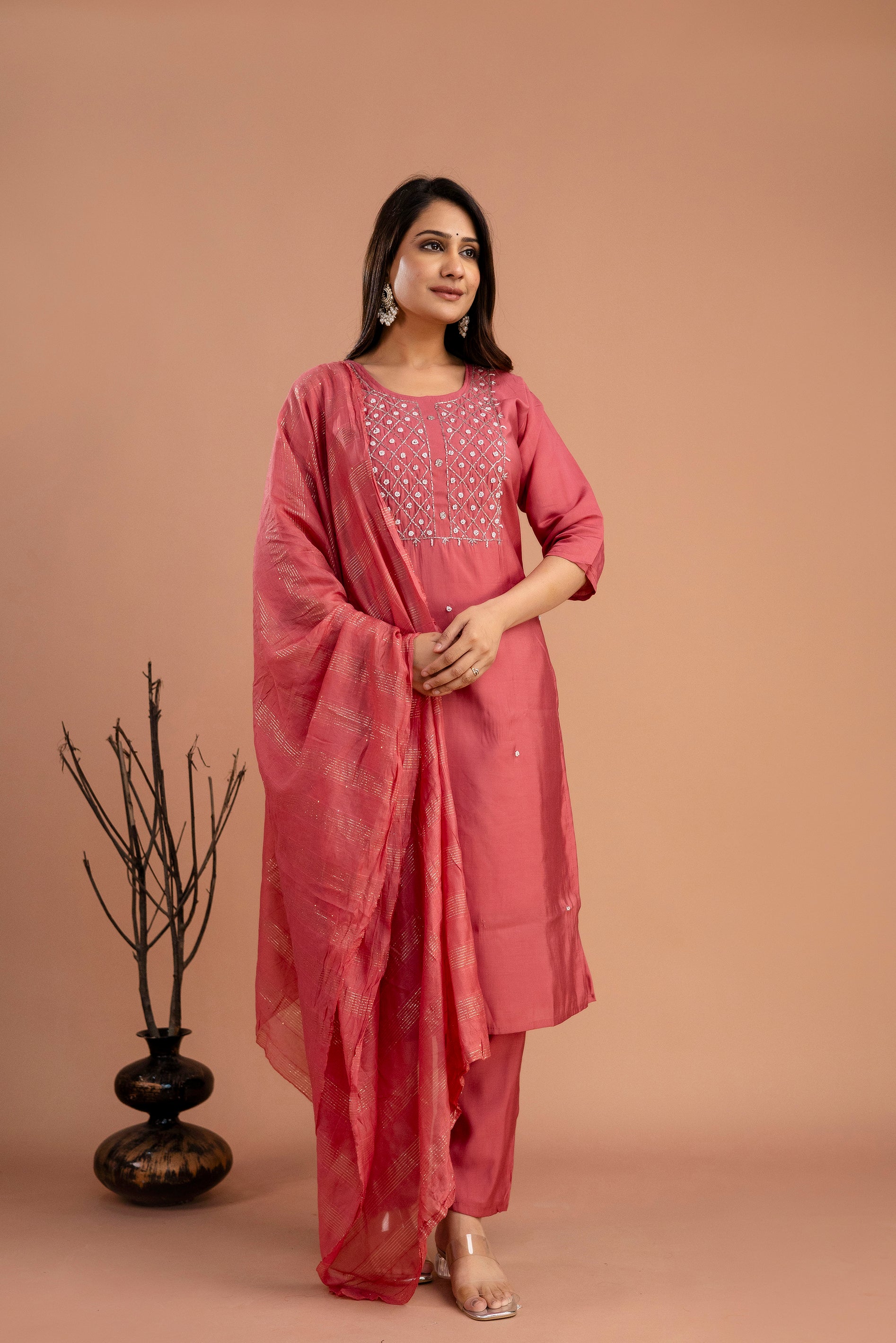 Handworked Round Neck Kurti with Plain Dupatta & Plain Trousers