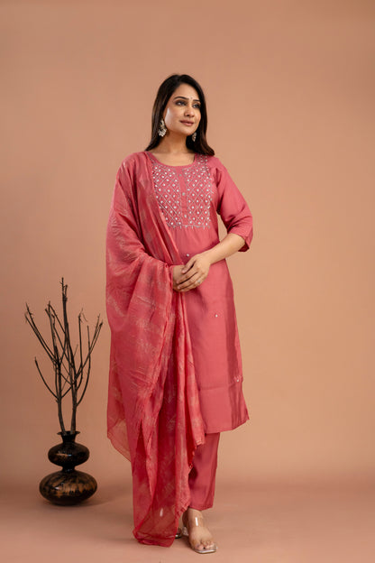 Handworked Round Neck Kurti with Plain Dupatta & Plain Trousers