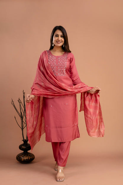 Handworked Round Neck Kurti with Plain Dupatta & Plain Trousers
