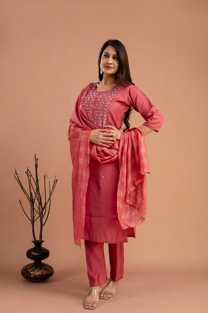 Handworked Round Neck Kurti with Plain Dupatta & Plain Trousers