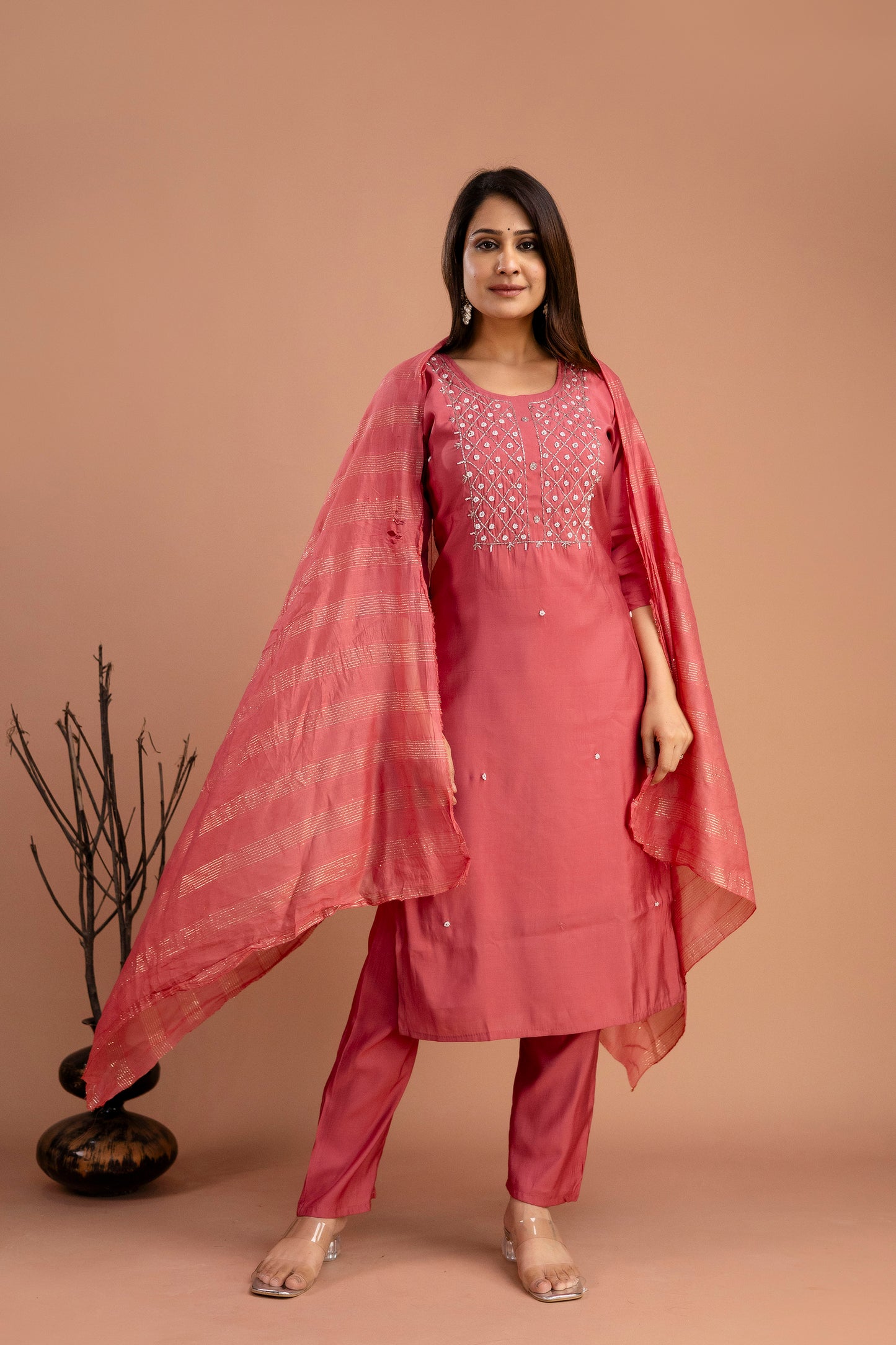 Handworked Round Neck Kurti with Plain Dupatta & Plain Trousers