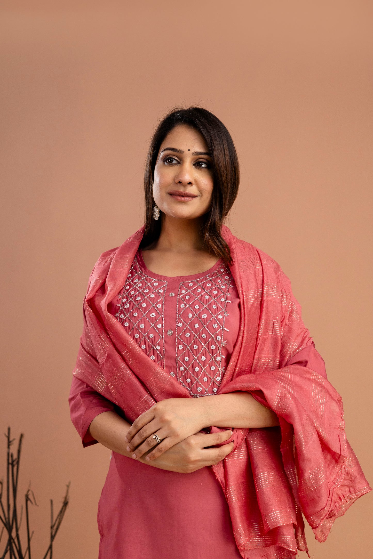 Handworked Round Neck Kurti with Plain Dupatta & Plain Trousers