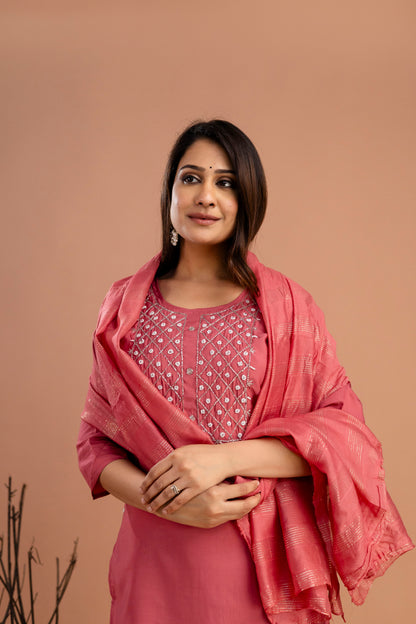 Handworked Round Neck Kurti with Plain Dupatta & Plain Trousers