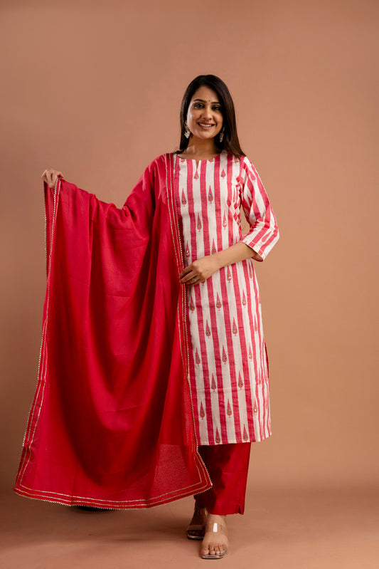 Printed Kurti with Gotta Patti Work, Plain Dupatta & Plain Trouser