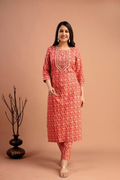 Printed Resham Worked Round Neck Kurti with Printed Dupatta & Printed Pants