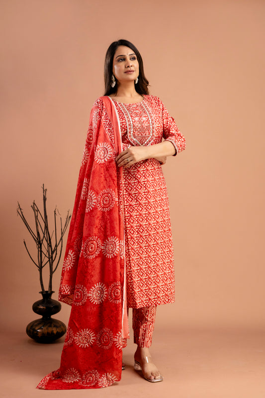 Printed Resham Worked Round Neck Kurti with Printed Dupatta & Printed Pants