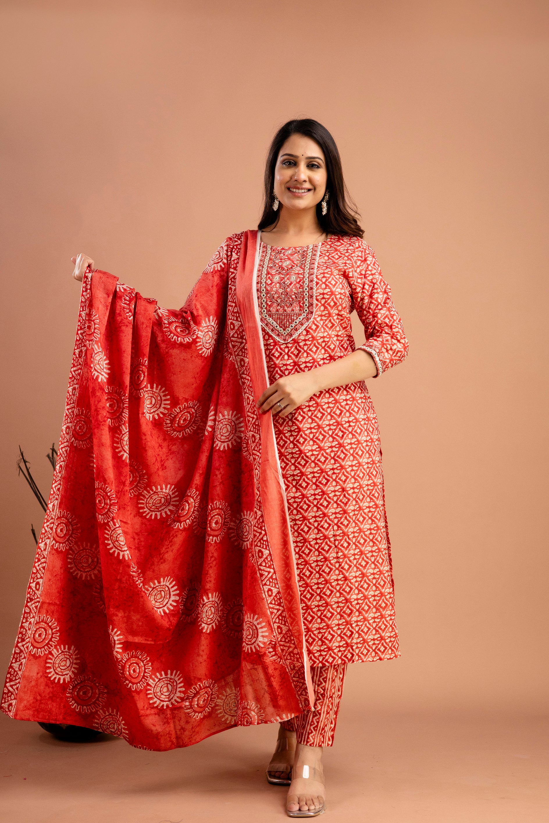 Printed Resham Worked Round Neck Kurti with Printed Dupatta & Printed Pants