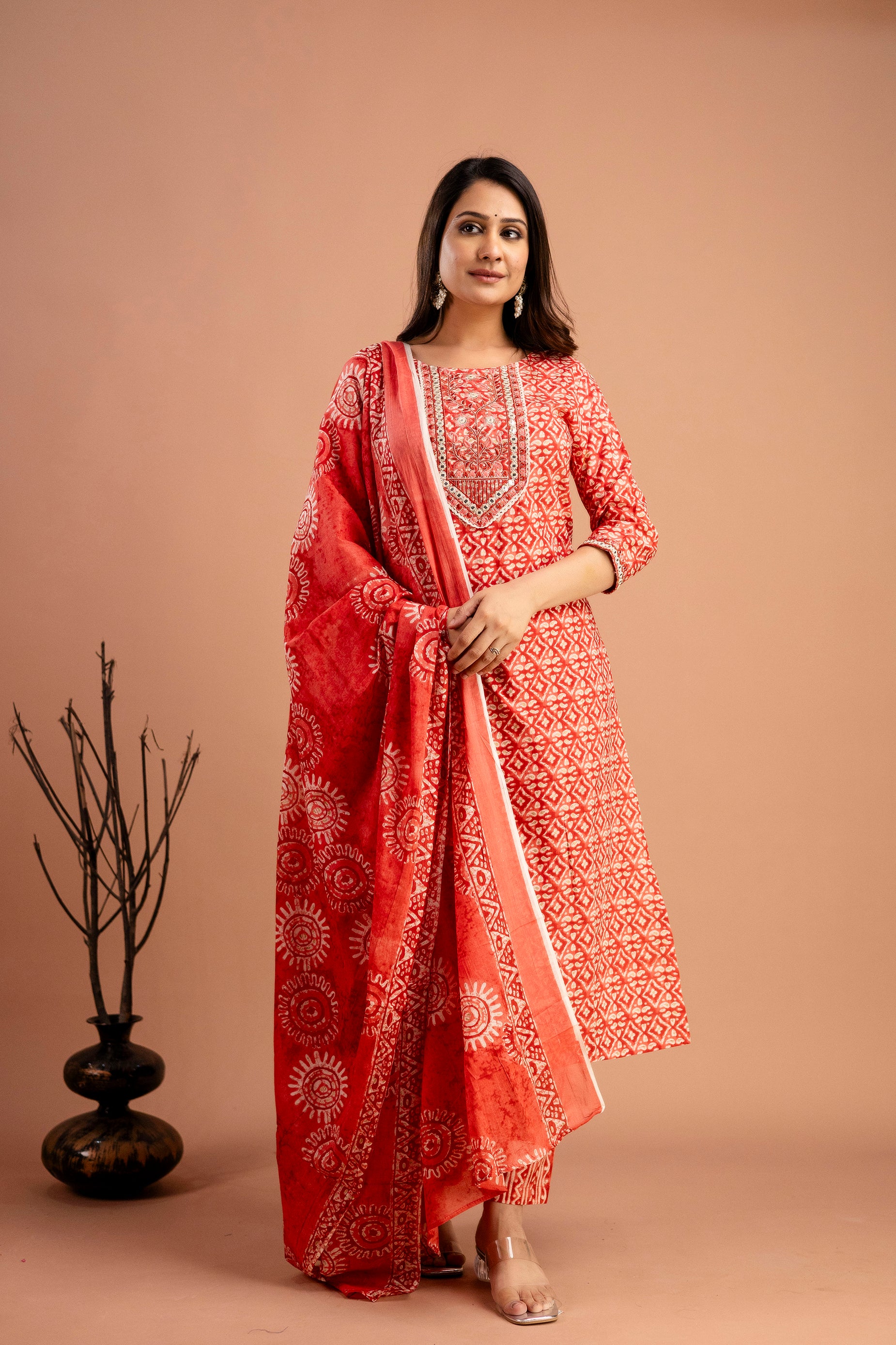 Printed Resham Worked Round Neck Kurti with Printed Dupatta & Printed Pants