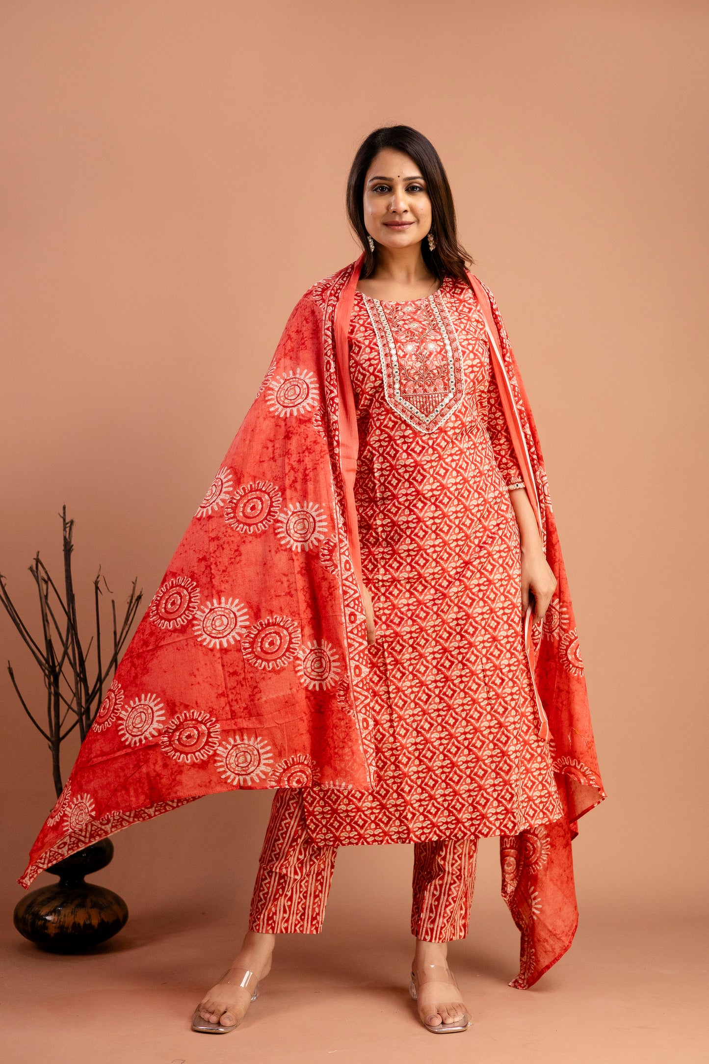 Printed Resham Worked Round Neck Kurti with Printed Dupatta & Printed Pants