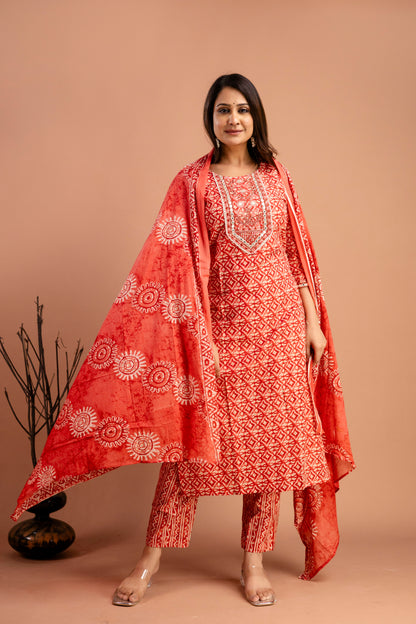Printed Resham Worked Round Neck Kurti with Printed Dupatta & Printed Pants