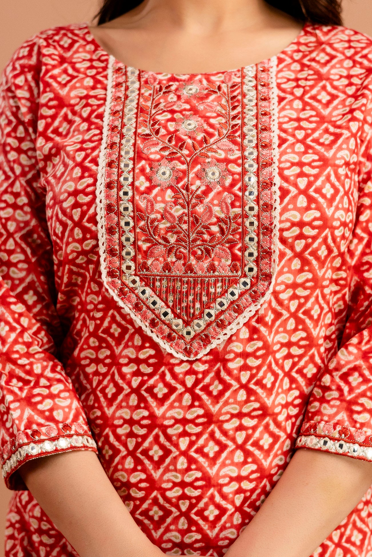 Printed Resham Worked Round Neck Kurti with Printed Dupatta & Printed Pants