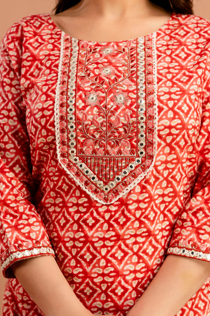 Printed Resham Worked Round Neck Kurti with Printed Dupatta & Printed Pants