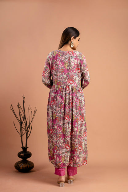 Printed Chiffon V-Neck Kurti with Embellished Dupatta & Simple Trousers