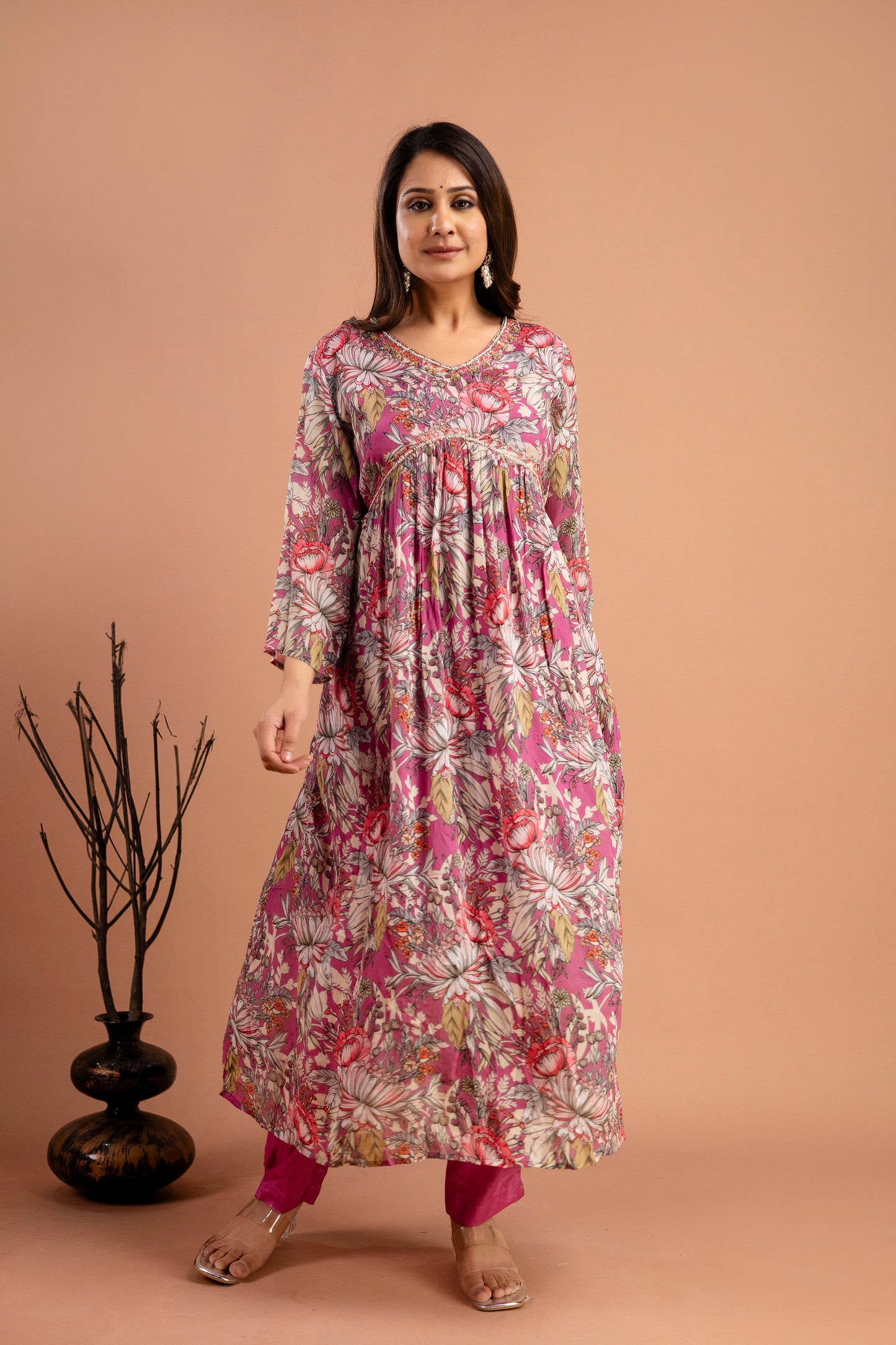 Printed Chiffon V-Neck Kurti with Embellished Dupatta & Simple Trousers