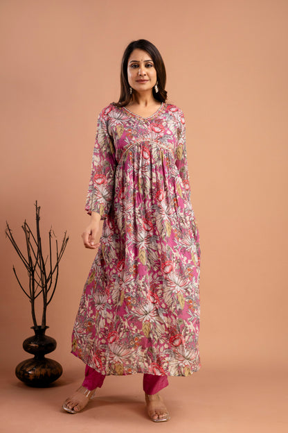 Printed Chiffon V-Neck Kurti with Embellished Dupatta & Simple Trousers
