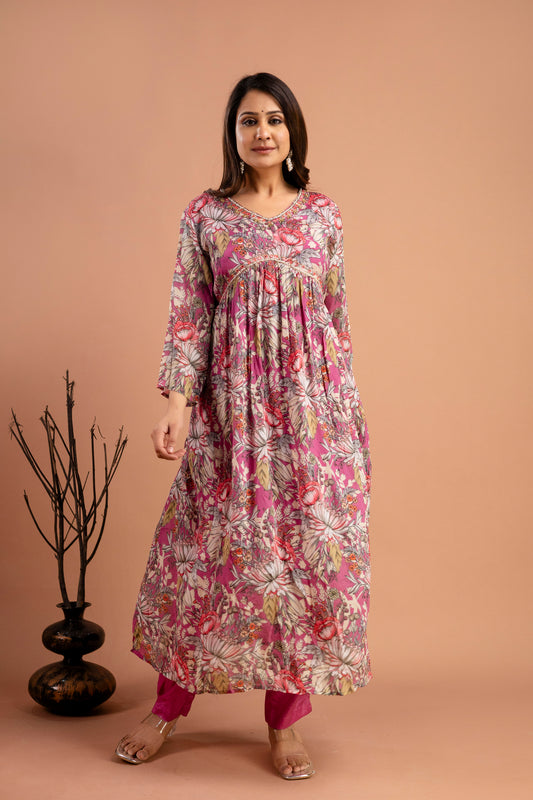 Printed Chiffon V-Neck Kurti with Embellished Dupatta & Simple Trousers