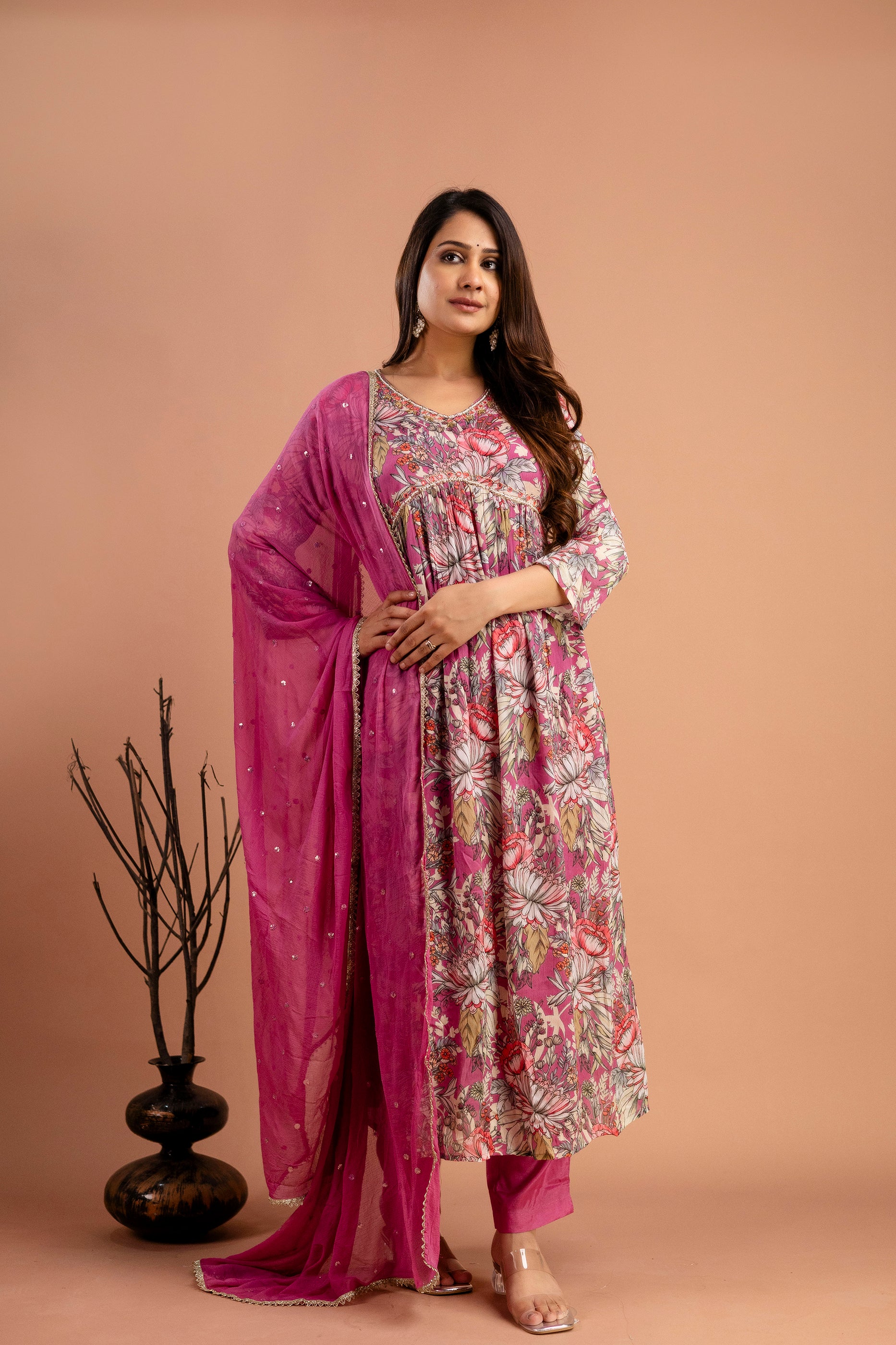 Printed Chiffon V-Neck Kurti with Embellished Dupatta & Simple Trousers