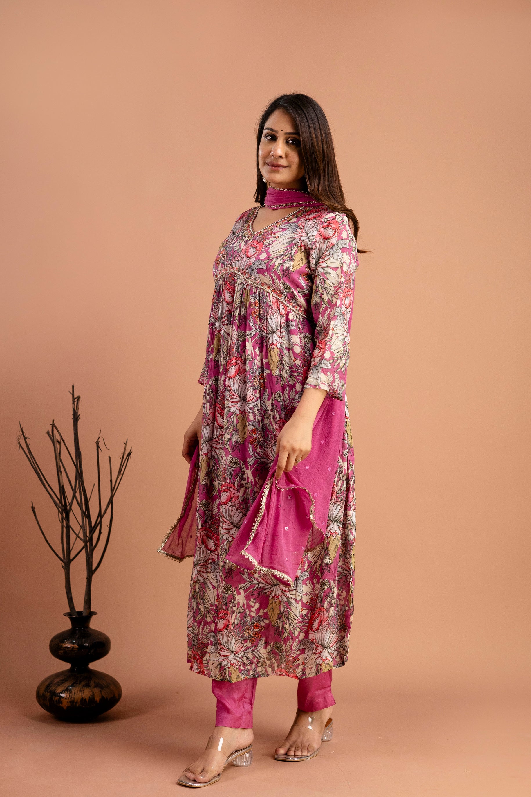 Printed Chiffon V-Neck Kurti with Embellished Dupatta & Simple Trousers