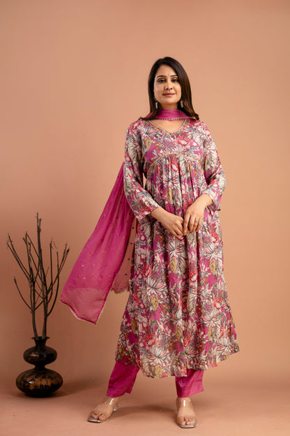Printed Chiffon V-Neck Kurti with Embellished Dupatta & Simple Trousers