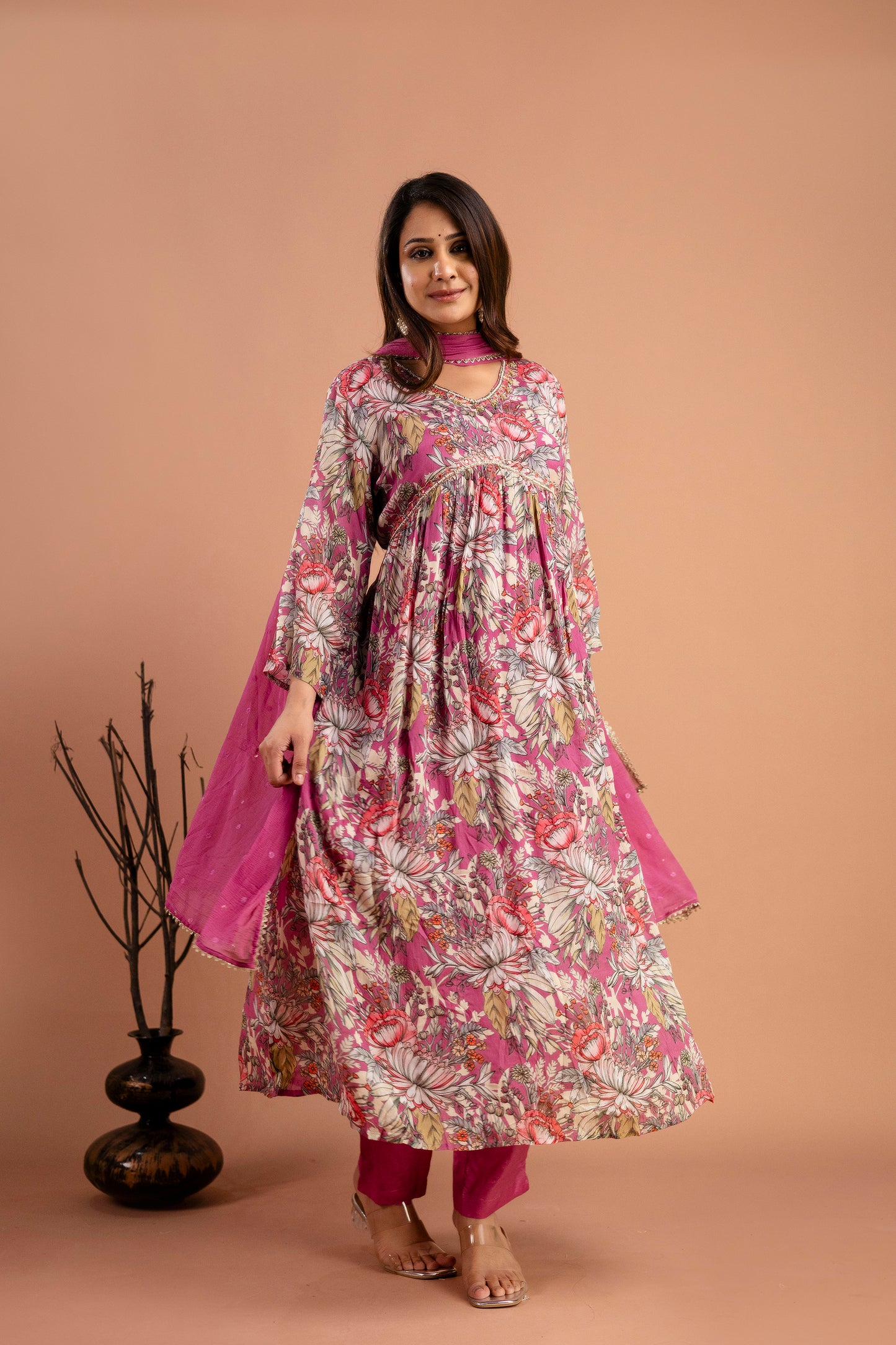 Printed Chiffon V-Neck Kurti with Embellished Dupatta & Simple Trousers