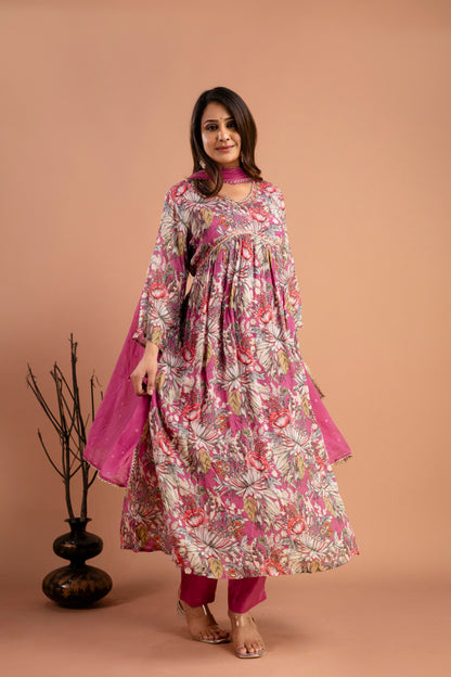 Printed Chiffon V-Neck Kurti with Embellished Dupatta & Simple Trousers