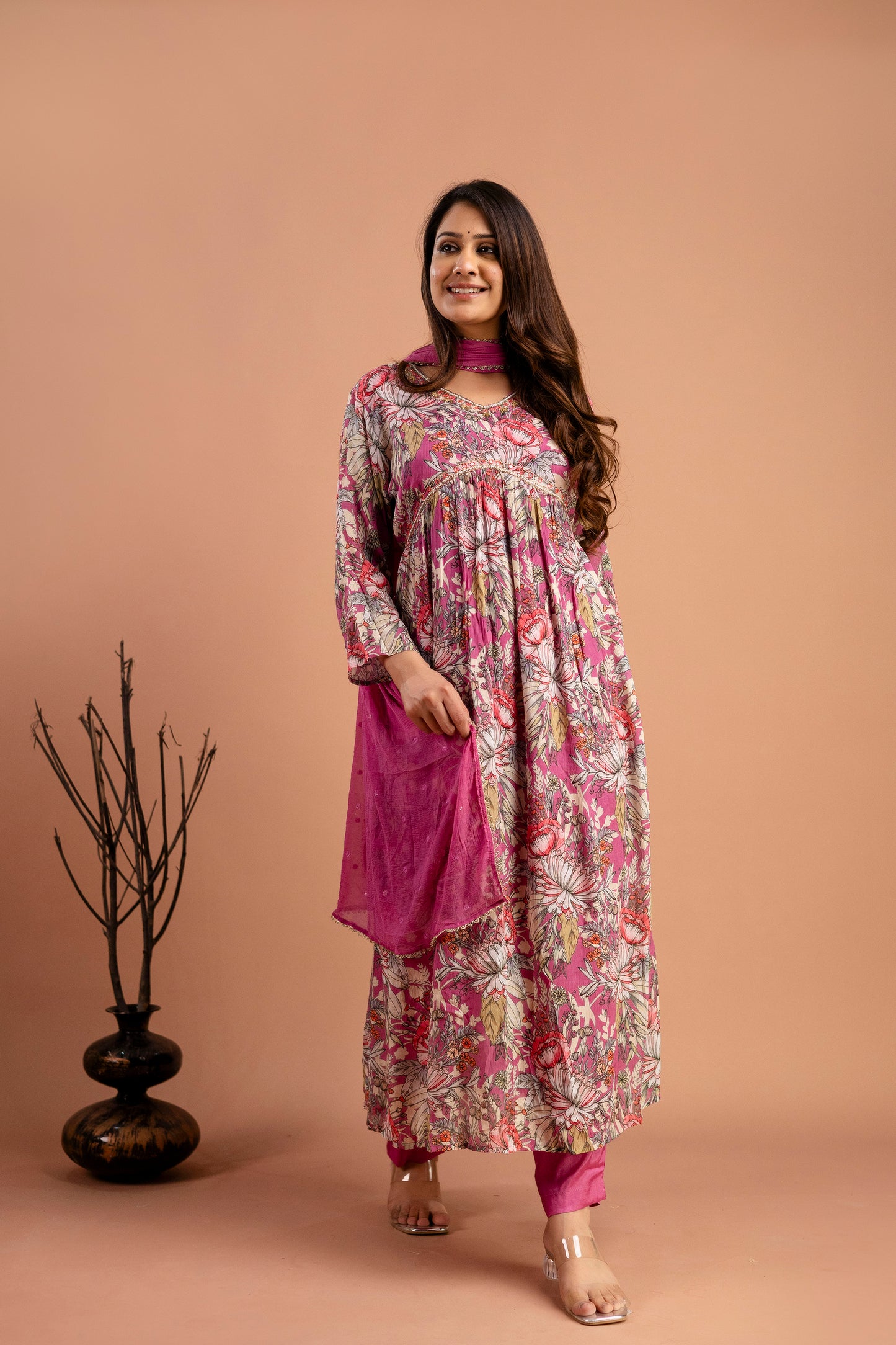 Printed Chiffon V-Neck Kurti with Embellished Dupatta & Simple Trousers