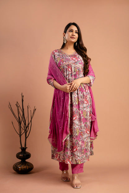 Printed Chiffon V-Neck Kurti with Embellished Dupatta & Simple Trousers