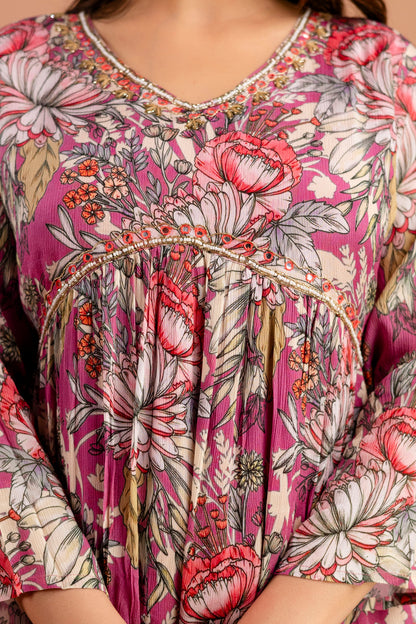 Printed Chiffon V-Neck Kurti with Embellished Dupatta & Simple Trousers