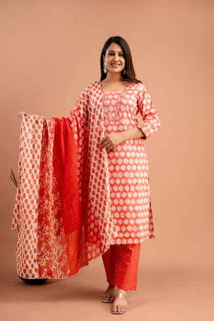 Printed Resham & Sequence Worked Kurti with Handworked Dupatta & Plain Pants